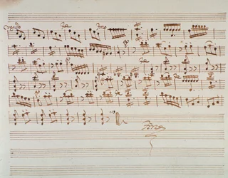 Nodeblad for den første violin i åbningen af Mithridate, King of the Pont, opera af Mozart (1770)