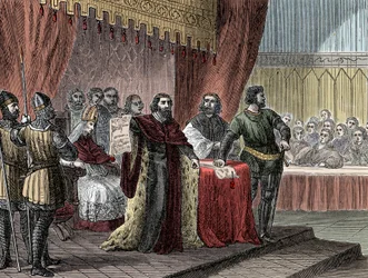 Underskrift af "" det store charter"" af kong John Sans Terre (1167-1216) ("" Magna Carta") til Runnymede den 15. juni 1215"