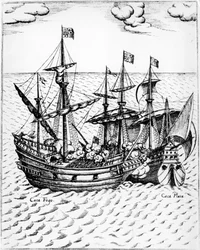 Sir Francis Drakes "Golden Hind" (1540-1596) erobrede det spanske skib "Nuestra Senora de Conception", kendt som "Cacafuego" i 1579, ud for Ecuador. Gravering 16. århundrede.
