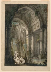 Scenedesign, nymfer, der bader i grotte