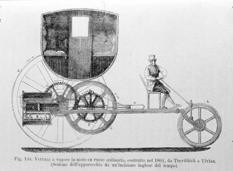 Dampvogn monteret på det almindelige, bygget i 1801 af Trevithick og Vivian. Indgravering af det 19. århundrede.