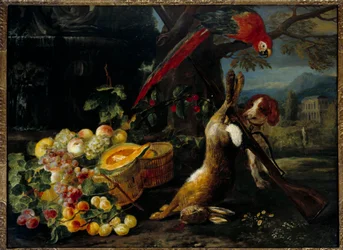 Stilleben af vildt, papegøje og frugt Anonymt maleri af det 18. århundredes Paris, dekorativ kunst