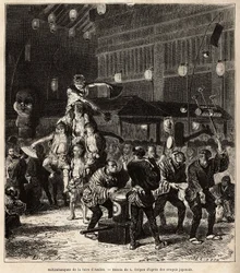 Gadesaltim: jonglører, balancespillere og akrobater i natforestillinger på den årlige Asaksa-messe, Tokyo-templet. Gravering til illustration af rejsen til Japan af Aime Humbert, minister for Det Schweiziske Forbund, i 1863-1864, udgivet i "" le tour du m