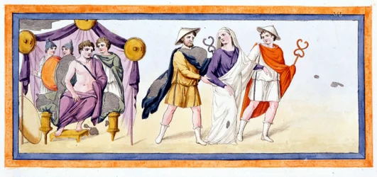 Talthybios og Eurybates tager jomfruen Briseis foran Achilles, som står i Myrmidonenes telt. Iliassang I, v 345. Stik fra slutningen af det 18. århundrede.