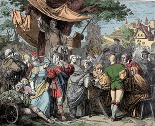 Tetzel sælger afladsbreve - Johann Tetzel (1465-1519), tysk dominikanerpræst, sælger afladsbreve til opførelsen af Peterskirken i Rom, omkring 1515