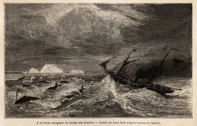 Arcturus, et dansk linjeskib, der sejler mellem København og Island, hvorpå forfatteren går om bord for at nå Reykjavik og sejler blandt hvalerne. Indgravering til illustration af rejsen i Island, historie af Noel Nougaret, i 1866, udgivet i "" Le tour du 