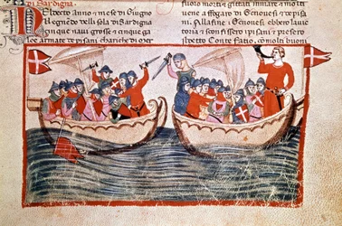 Slaget ved Meloria, der kulminerer med besættelsen af Korsika af Genova. 1284. Manuskript. Biblioteca Vaticana