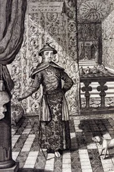 Den kinesiske kejser og tatarernes øverste hersker - kinesisk kejser Kangxi (1652-1722) Qing-dynastiet, gravering af Athanasius Kircher (1601-1680) fra "" China Monumentis, qua sacris qua profanis""" 1667 - kinesisk kejser52xi (1601-1680) -1722) Qing-dynas