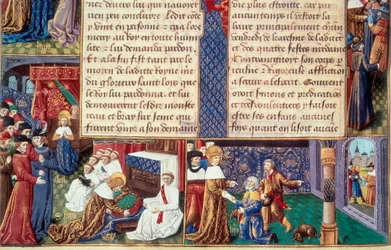 De kristne dyder (såsom fromhed og hengivenhed) hos kong Ludvig IX (1214-1270) (Saint Louis): til venstre omfavner kongen krucifikset, til højre modtager han Det Gamle Bjerg. Miniature fra et manuskript "The Book of Facts Monsignor Saint Louis"" 15t