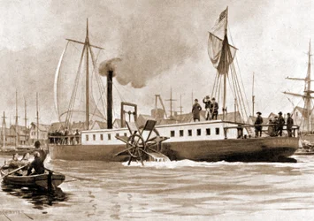 Clermont, en båd bygget i 1807 af Robert Fulton (1765-1815) til at skabe forbindelsen New York - Albany på Hudsonfloden. Gravering, 19. århundrede.