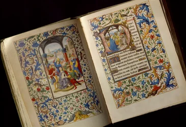 Tornekroningen. Dobbeltside i et åbent manuskript af »Maria af Burgunds tidebog (1457-1482)« (Cod. 1857), sent 15. århundrede, Det Østrigske Nationalbibliotek, Wien