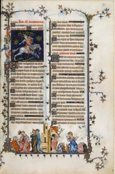 Den danske prælat og statsmand Absalon eller Axel (1128-1201), der udslettede Danmark fra pirater, dør ophængt i et træ. Nedenfor, en allegori om vanvid, forklarer profeten Daniel sin drøm for kong Nebukadnezar. Til højre scene for nadveren af