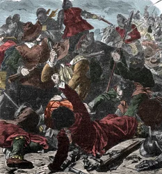 Franskmændene griber Milano - Sædet i Milano 1499 - Farvegravering