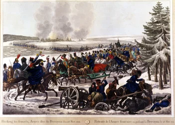 De franske tropper trak sig tilbage ved at passere Beresina (Berezina) den 26/11/1812. Indgravering af det 19. århundrede.