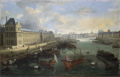 Louvres store galleri, Pont-Neuf, Cité, Collège des Quatres-Nations, ca. 1670 På Seinen, den kongelige galej, mellem 1670 og 1685 (olie på lærred)
