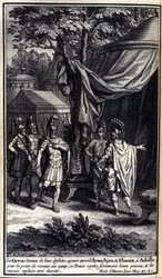 Grækerne, forbavsede over deres nederlag, sendte Ulysses, Ajax og Phenix til Achilleus for at bede ham om at vende tilbage til lejren. Denne prins afviser stolt deres bønner og sender dem derefter hårdt tilbage. Illustration af bog IX af Iliaden af Homere,