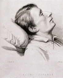 Den italienske digter Giacomo Leopardi (1798-1837) på sit dødsleje. Indgravering af det 19. århundrede