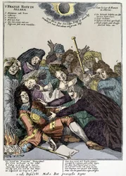 Kongen besvimede, og hoffolkene omringer ham, sørgede: hån mod Ludvig XIVs revers i Holland og Italien i 1706