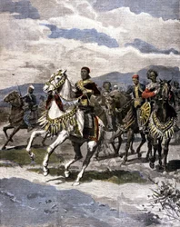 Kongen af ​​Etiopien Menelik II (1844 - 1913). Syg. af den italienske presse.