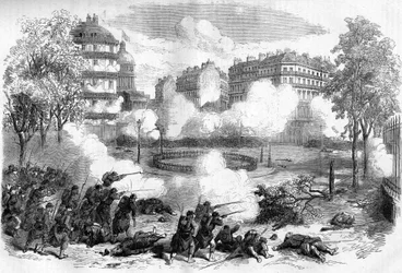 Pariserkommunen i 1871. Angreb af federes (communards) barrikader foran Pantheon af general de Cisseys hærkorps den 24. maj 1871 i begyndelsen af den blodige uge (22. - 28. maj 1871).