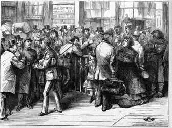 Pariserkommunen i 1871. Paskontrol foretaget af federes (communards) af personer, der forlader Paris med nordens jernbaner.