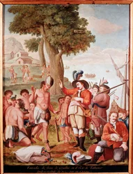 Den spanske conquistador Juan de Grijalva (1489-1527) lander i Tabasco, Mexico i 1518 Anonymt maleri fra det 18. århundrede. Madrid, Museum of America