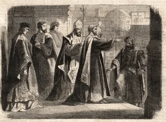 Ærkebiskoppen Sankt Ambrosius af Milano (Aurelius Ambrosius, Ambrogio di Milano (340-397) forbød indgangen til kirken til den romerske kejser Theodosius I (Flavius Theodosius) (347-395) for at straffe ham for massakren i Thessalonika i 390 - Excommunicati