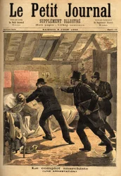 Anholdelsen af en anarkist i Paris og elementet af en sammensværgelse og dynamit gemmer. Indgravering i "" Le petit journal"" 3/06/1893. Selvas samling.