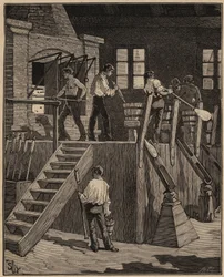 Glaskunsten: glasarbejdere, der fremstiller glas efter den franske metode. Indgravering fra 1885 i "" Les arts et metiers illustres"" af Adolphe BITARD.