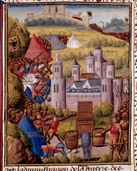 Angrebet på en miniatureby taget fra "" romersk historie"" (Ad urbe condita) af Tite Live (59 f.Kr.-17 e.Kr.) (Titus Livius), oversat af Pierre Bressuire (ms. 310) 1450-1500 Chantilly, Musee Conde