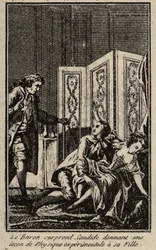 Baronen overrasker Candide, der giver en lektion i eksperimentel fysik til sin datter Frontispice for "" Candide"" af Francois Marie Arouet dit Voltaire.