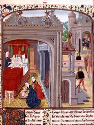 Fødslen af Alexander den Store (356-323 f.Kr.), søn af Olympias og Nectanebo II Miniature taget fra "" History of Alexander the Great"" af QuinteCurce (Quintus Curtius Rufus) (1. århundrede e.Kr.) 15. århundrede Chantilly, museum Conde