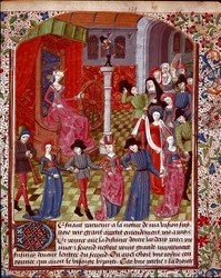 Den blinde formue, der drejer hjulet, folkene før den er allegorien om skæbne, lykke og miniature Malheur taget fra "The Tresor of Sapience"" (eller "The Treat of the Garden in Love") af Jean Gerson (1363-1429) (ms. 1513, fol. 179 r.) 15. årh