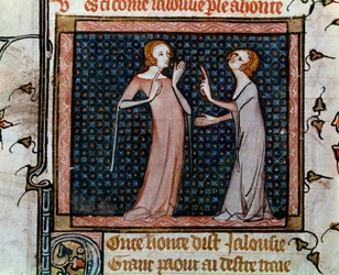 Kollokviet af Jalousi og Skam Miniature i "" Roman de la rose"" af Jean de Meun, Jean de Meung eller Jean Chopinel, Jean Clopinel (ca. 1240-1305), ca. 1370. Paris, bibliotheque Sainte Genevieve
