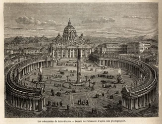 St. Peters søjlegange i Vatikanet, bragt af Bernini (1598-1680) i 1655, på et elliptisk plan, som blev et almindeligt sted for barok- og rokokoarkitektur. Gravering til illustration af rejsen til Rom, af Francis Wey, i 1864-1868, udgiver