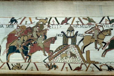 Erobringen af Bretagne af hertugen af Normandiet Vilhelm Erobreren (1027-1087): erobringen af Rennes Detalje af Bayeux-tapetet eller Broderi af Dronning Mathilde