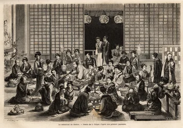 Spisestuen i Yokohama Theatre er permanent fyldt, selv under forestillingen. Gravering til illustration af rejsen til Japan af Aime Humbert, minister for det schweiziske forbund, i 1863-1864, udgivet i "" le tour du monde"", under den dystre