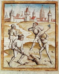 Opdagelsen af en skattemester i forstæderne til en befæstet by Miniature taget fra en tysk oversættelse af fablerne om "Kalila (Calila) og Dimna" af Bidpai. (ms. 1389, fol. 1) omkring 1480 Chantilly, museum Conde