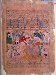 Lægen Andromakhos observerer landbrugsaktiviteterne Miniature taget fra "" The book of antidotes"" 1199 Paris, B.N.