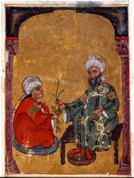 Lægen og botanikeren Pedanius Dioscoride (Dioscorides) (40-90 e.Kr.), der forklarer en af sine elever fordelene ved miniatureplanter, der stammer fra hans afhandling "De materia medica"" (Fol. 2 verso) Fra Irak. 1229 Topkapi Sarayi Museumsbibliotek, Istanb