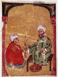 Lægen og botanikeren Pedanius Dioscoride (Pedanius Dioscorides) (40-90 e.Kr.) sidder med en af sine elever Miniature fra hans afhandling "De materia medica"" (ms Ahmed III, 2147, folio 217a) 1229 Topkapi Sarayi Museum Library, Istanbul
