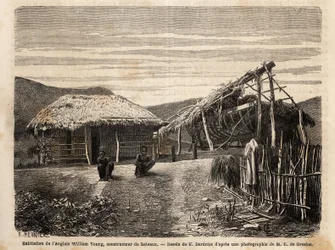 Boligen og skibsværftet for en engelsk bygmester nær Noumea, som bruger indfødt arbejdskraft eller fordømmer dem indtil slutningen af deres tid med hårdt arbejde. Engravure pour illustrrer le voyage à la Nouvelle Caledonie, af Jules Garnier, civilingeniør 