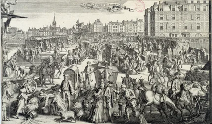 Forlegenheden ved Pont Neuf i Paris. Illustration af trafik og trafikpropper i gaderne i Paris i det 18. århundrede. Stik fra 1710. Paris, Musee Carnavalet