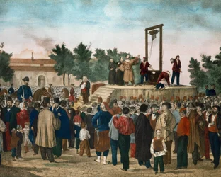 Henrettelsen den 13/03/1858 af Felice Orsini (1819 - 1858) og Pieri, der udførte angrebet den 14. januar 1858 mod Napoleon III på Place de la Roquette i Paris Litografi fra slutningen af det 19. århundrede. Milanos private samling