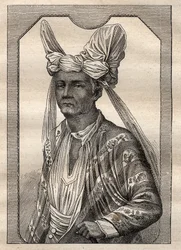 Ekspeditionen rundt om i verden (1790-1792) af kaptajn Etienne Marchand (1755-1793): portræt af kongen af øen Timor (den indonesiske øgruppe) - illustration taget fra "The Great Mariners of the 18th century"