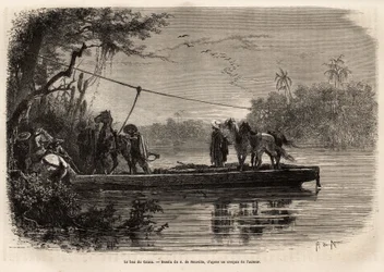 Færgen til at krydse Cauca-floden. Gravering til illustration af rejsen til New Granada, af Dr. Saffray, i 1869, udgivet i "" Le tour du monde""" 1873, redigeret af Edouard Charton, udgave Hachette, Paris. Selva samling.