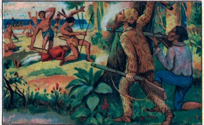 Kampen med de vilde. Illustration til Daniel Defoes bog (De foe) "" Robinson Crusoe"". Kromolitografi i slutningen af det 19. århundrede.