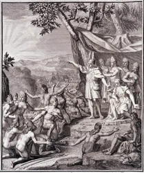 Den første inka Manco Capac og dronning Coya Mama Oello Huaco hans kone, begge Solens børn, samler de vilde - i "" Historisk rejse i Sydamerika udført på ordre fra kongen af Spanien"" af Don Georges Juan & Don Antoine de Ulloa, T.II, udg. Jombert,