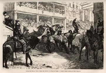 Det gratis hestevæddeløb, der arrangeres fire gange i løbet af karnevallet, starter på Folkets Plads, hvorefter der skydes i den tredobbelte galop på Corso til Venedigs Plads, hvor præmierne uddeles. Gravering til illustration af rejsen til Rom, af Francis