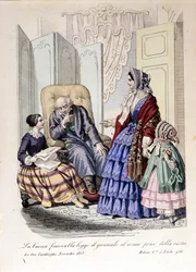 Pigen læser avisen for sin bedstefar, der har mistet synet. Fra "The ore casalinghe", november 1853.